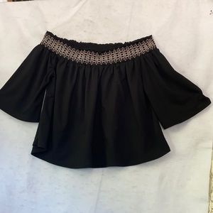 Apt. 9 Black Off-Shoulder Embroidered Crop Blouse Top 3/4 Bell Sleeves